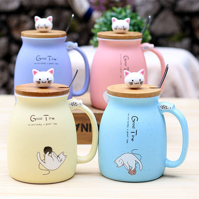 Cartoon Cat Ceramic Coffee Mug with Lid and Spoon