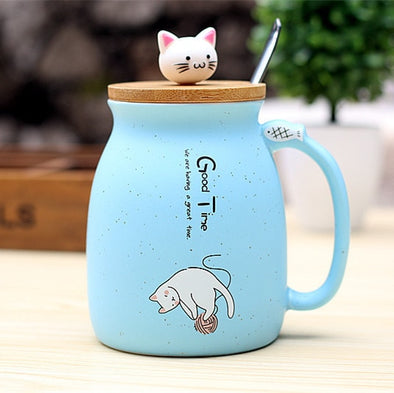 Cartoon Cat Ceramic Coffee Mug with Lid and Spoon